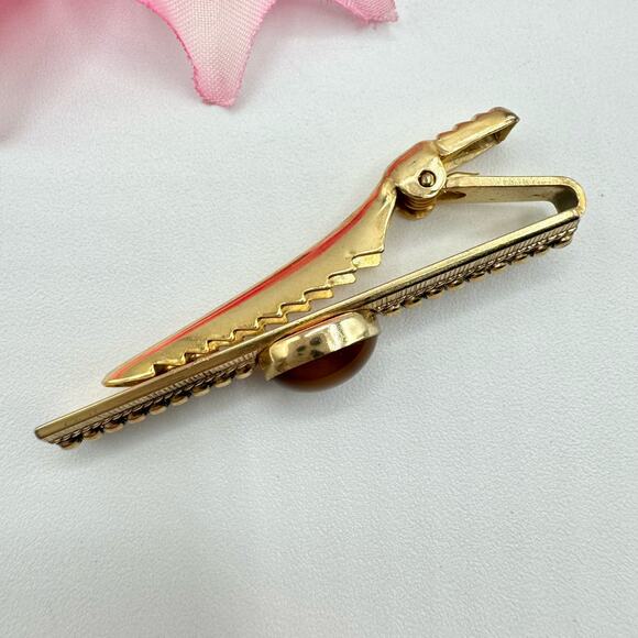 Vintage Anson Brown Cabochon Beaded Textured Gold Tone Tie Clip Bar Signed - Picture 3 of 6